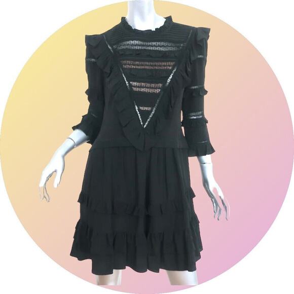 Rebecca Taylor SILK Black Goth Prairie Ruffle Wednesday Dress MSRP $495 Size 4 S - Picture 2 of 13